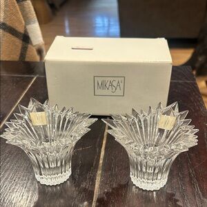 Mikasa Germany Dante Clear Crystal Fan Edge Candle Holders Pair New in Box